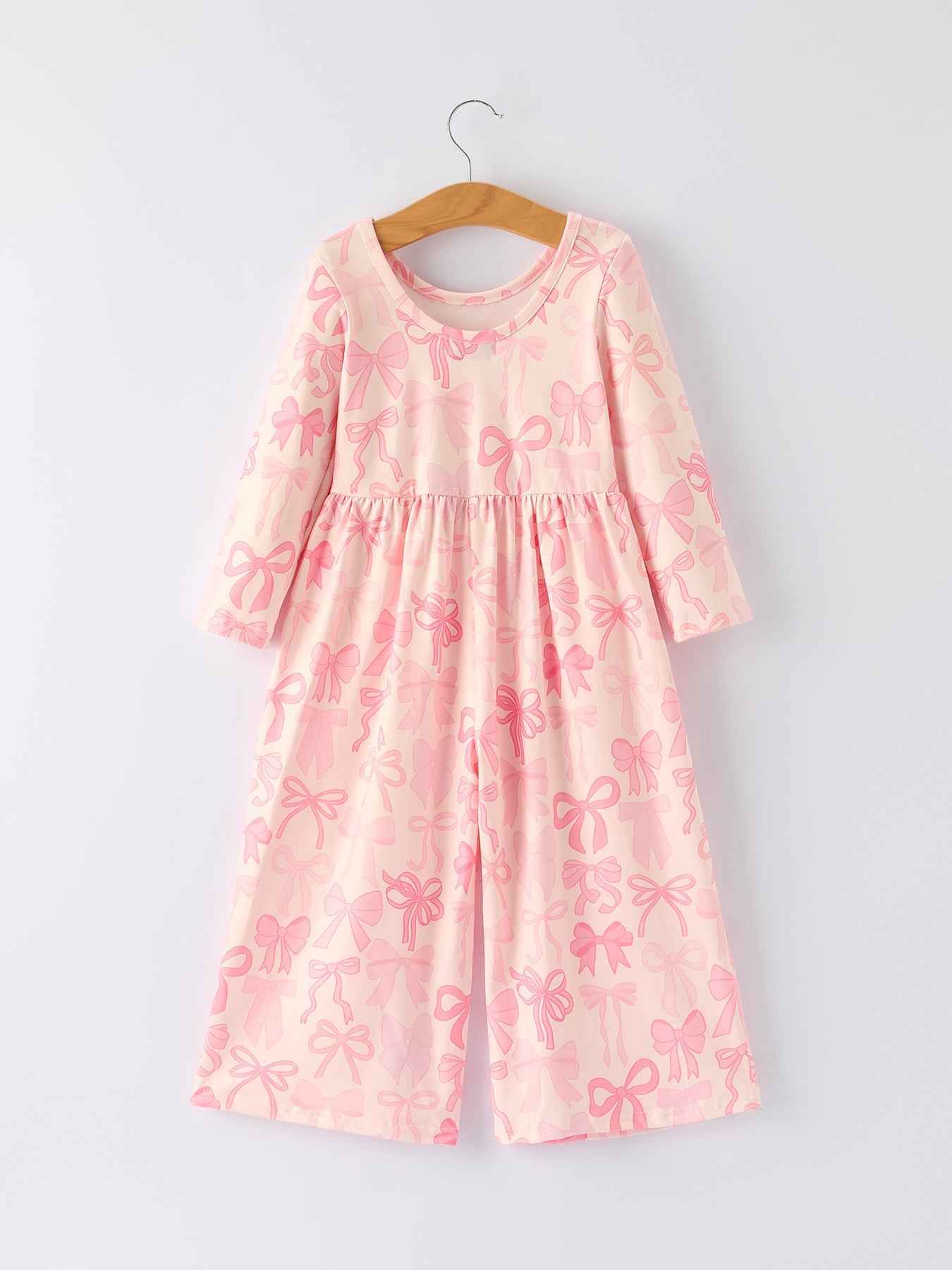 Girls Pink Bow Print Long Sleeve Jumpsuit