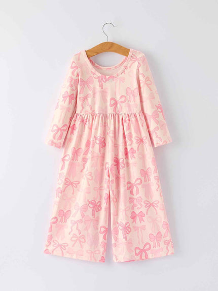 Girls Pink Bow Print Long Sleeve Jumpsuit