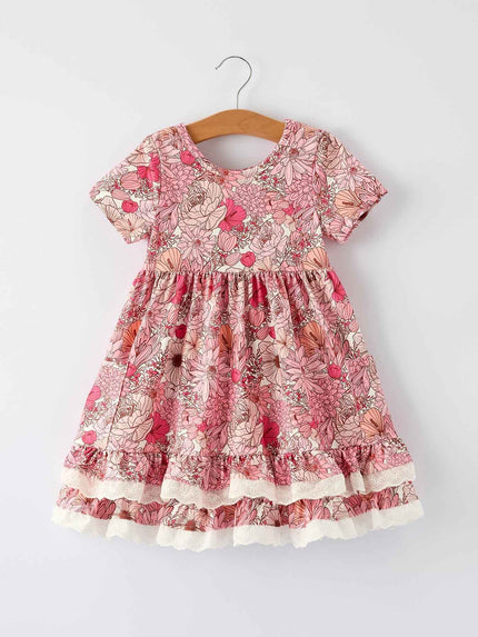 Fall Sweet Floral Pattern Dress with Pockets and Ruffle Hem for Girls