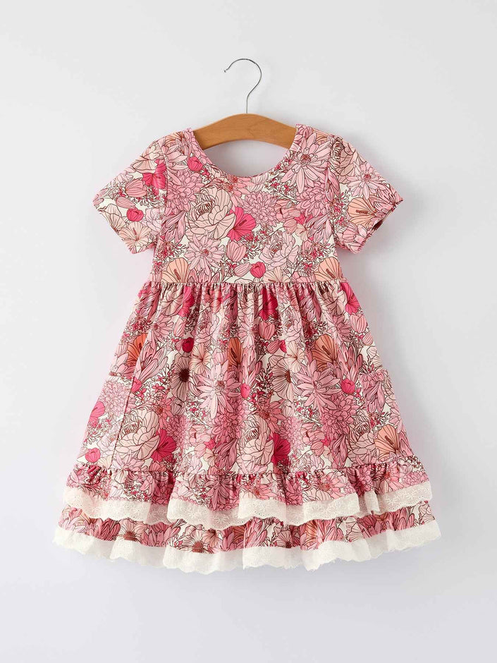 Fall Sweet Floral Pattern Dress with Pockets and Ruffle Hem for Girls