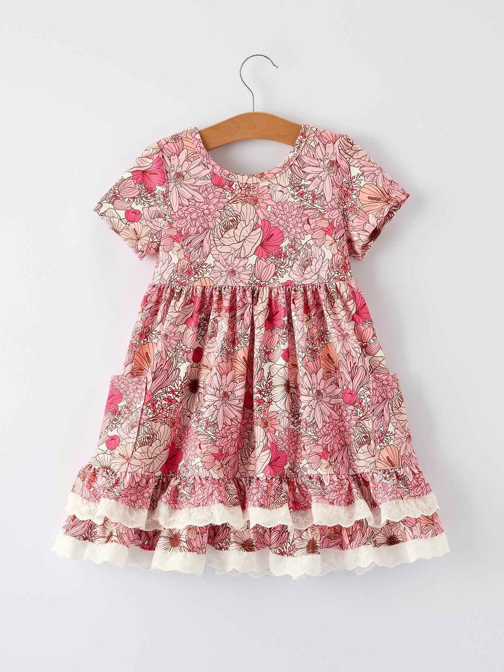 Fall Sweet Floral Pattern Dress with Pockets and Ruffle Hem for Girls