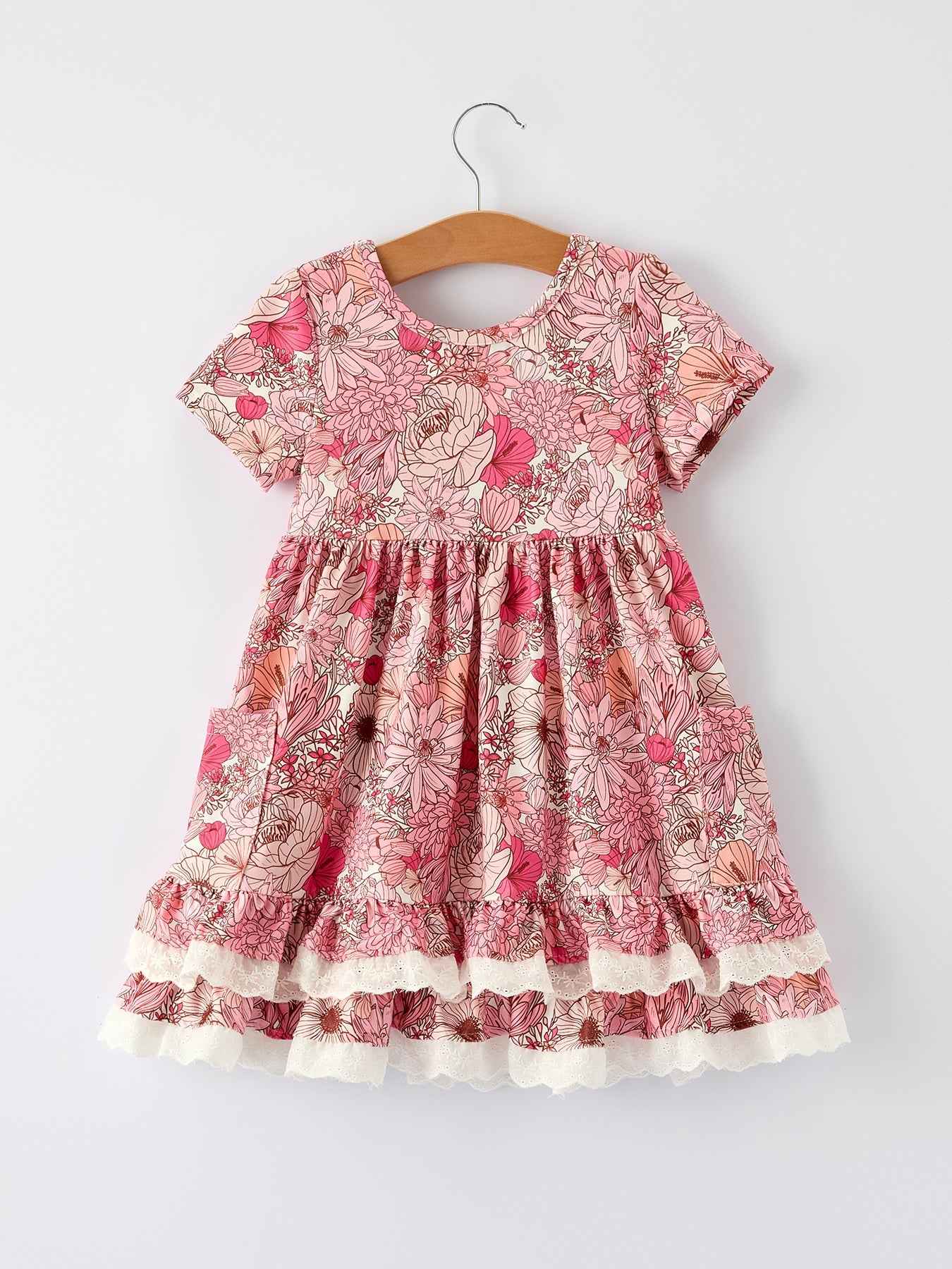 Fall Sweet Floral Pattern Dress with Pockets and Ruffle Hem for Girls