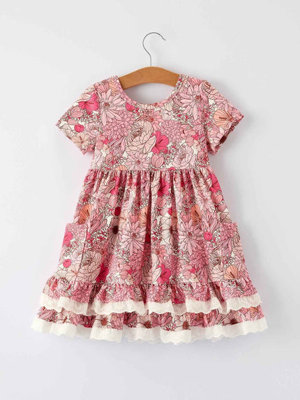 Fall Sweet Floral Pattern Dress with Pockets and Ruffle Hem for Girls