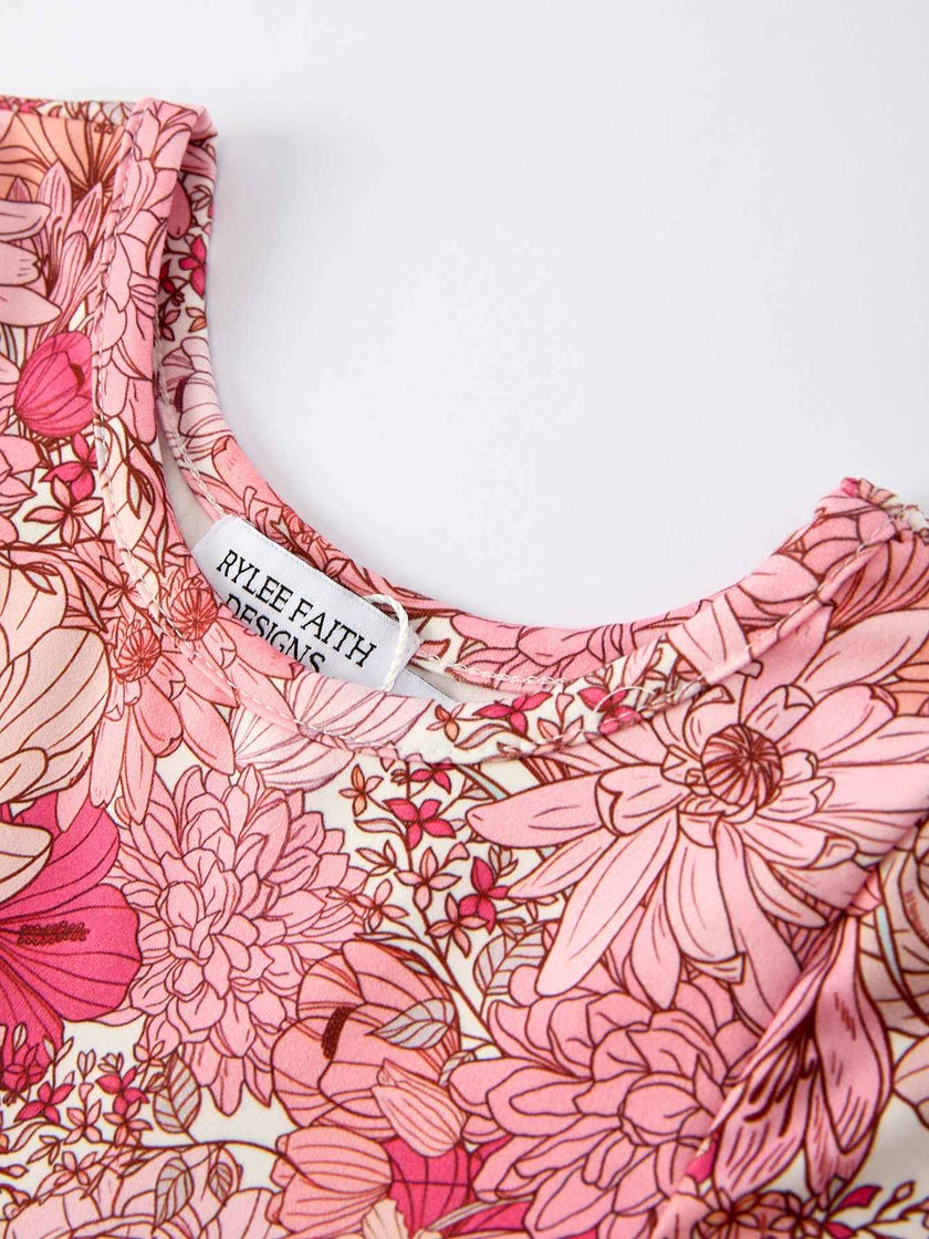 Fall Sweet Floral Pattern Dress with Pockets and Ruffle Hem for Girls