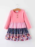Pink Autumn Patchwork Floral & Plaid Long Sleeve Girls Dress
