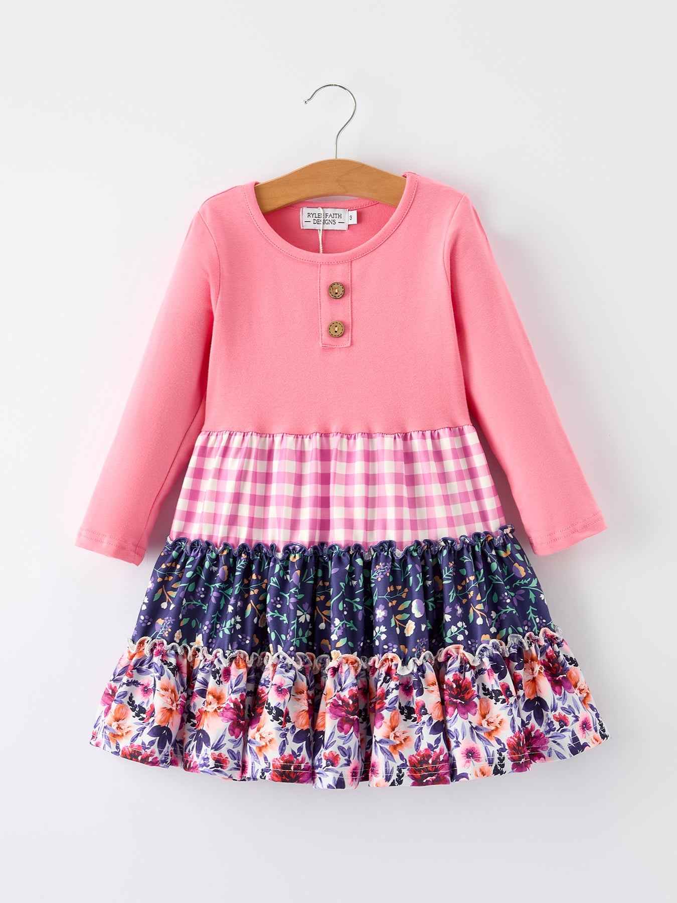 Pink Autumn Patchwork Floral & Plaid Long Sleeve Girls Dress