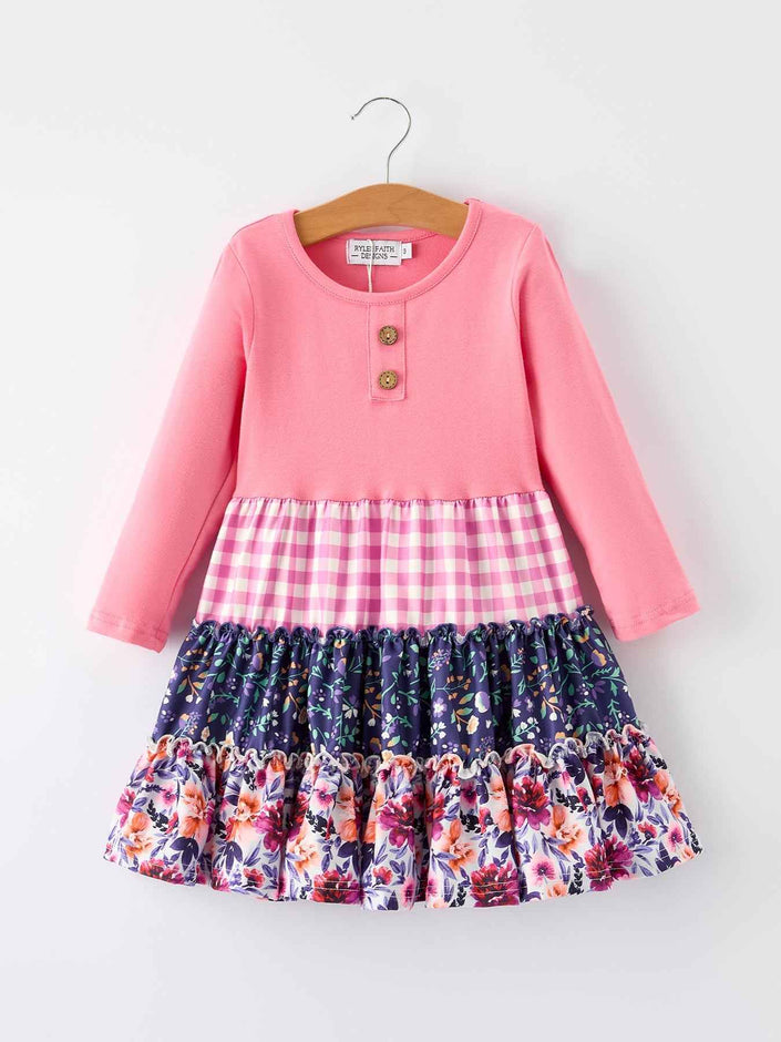 Pink Autumn Patchwork Floral & Plaid Long Sleeve Girls Dress
