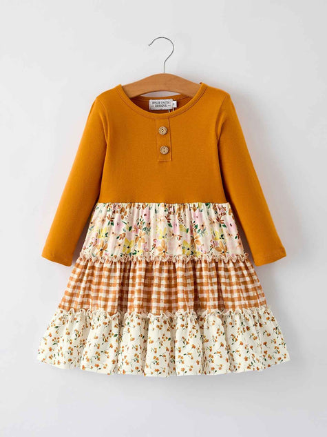 Autumn Patchwork Floral & Plaid Long Sleeve Girls Dress