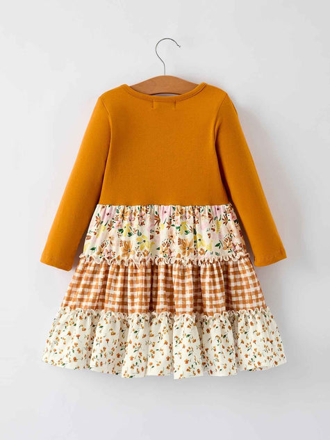 Autumn Patchwork Floral & Plaid Long Sleeve Girls Dress
