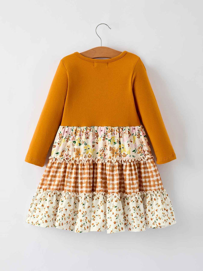 Autumn Patchwork Floral & Plaid Long Sleeve Girls Dress