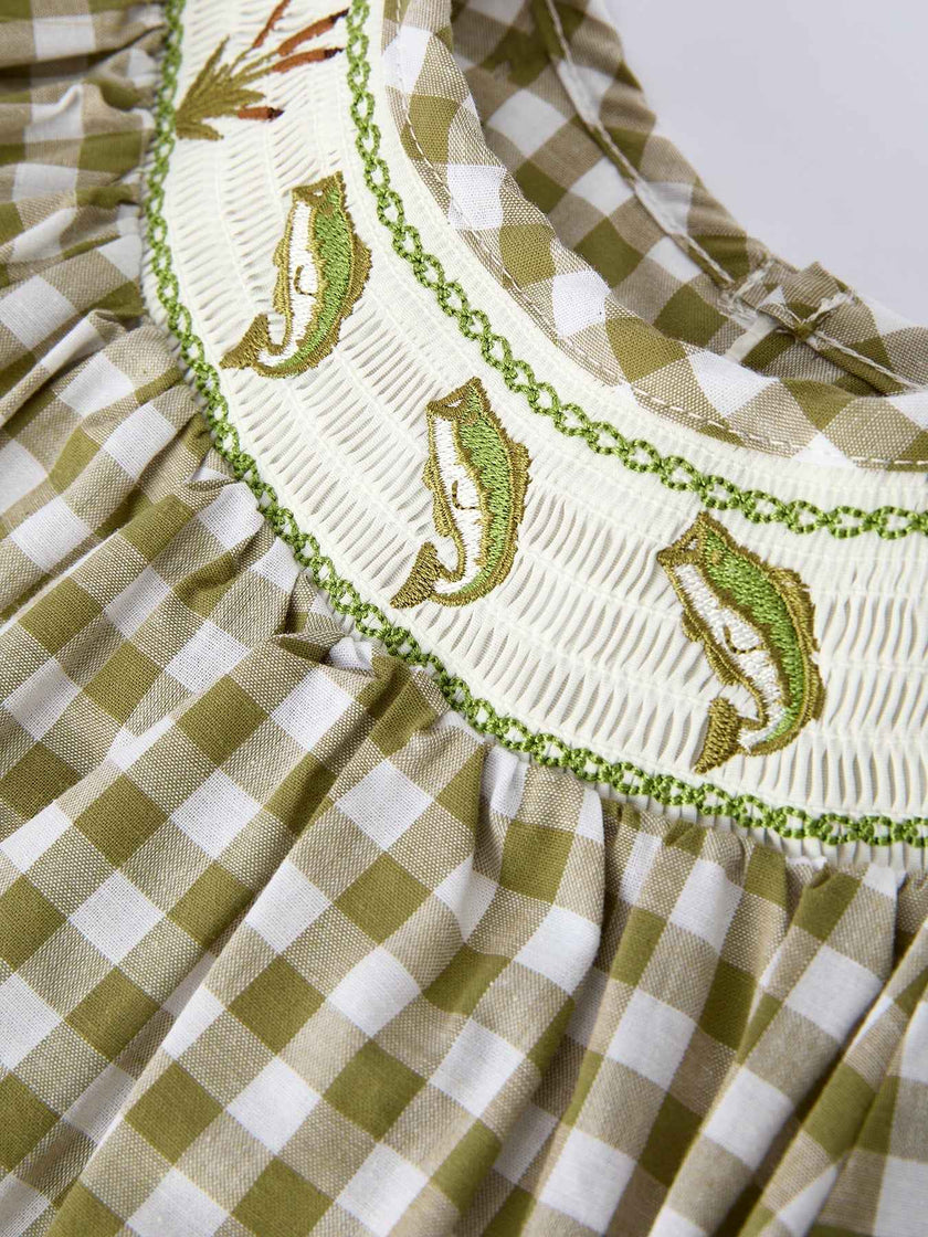 Green Plaid Fish Embroidered Baby Girls Smocked Dress