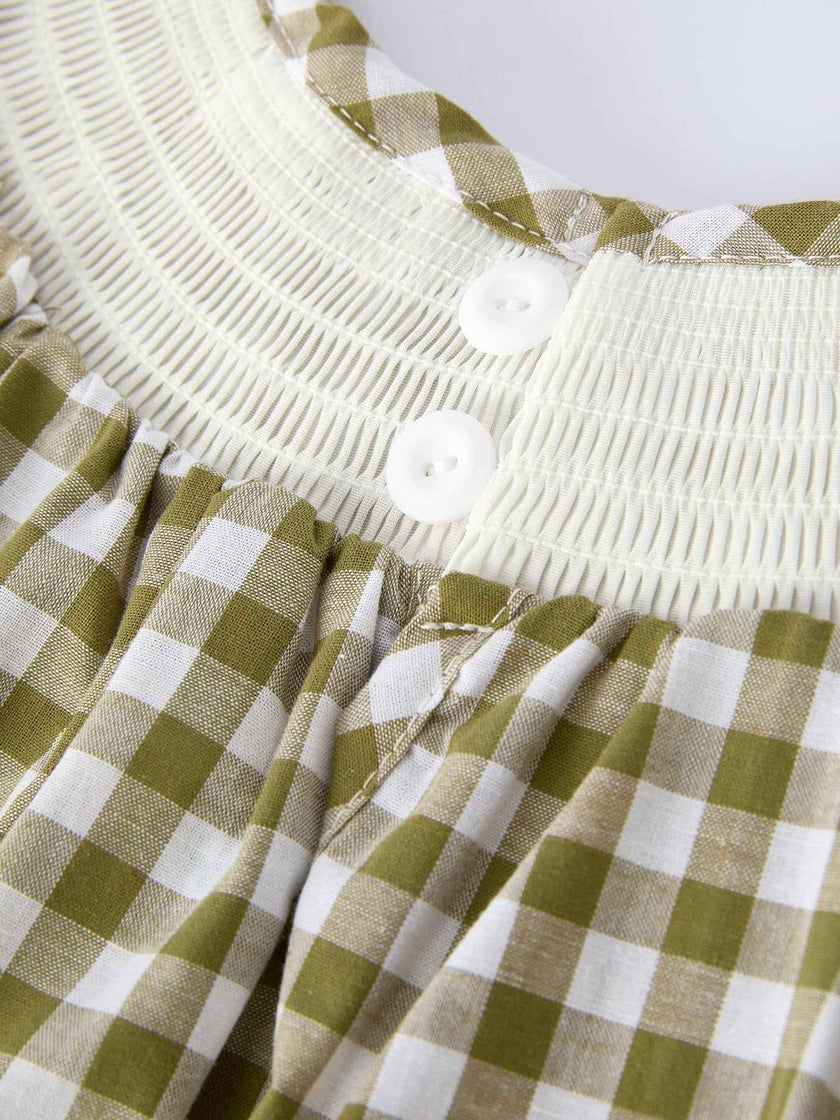 Green Plaid Fish Embroidered Baby Girls Smocked Dress