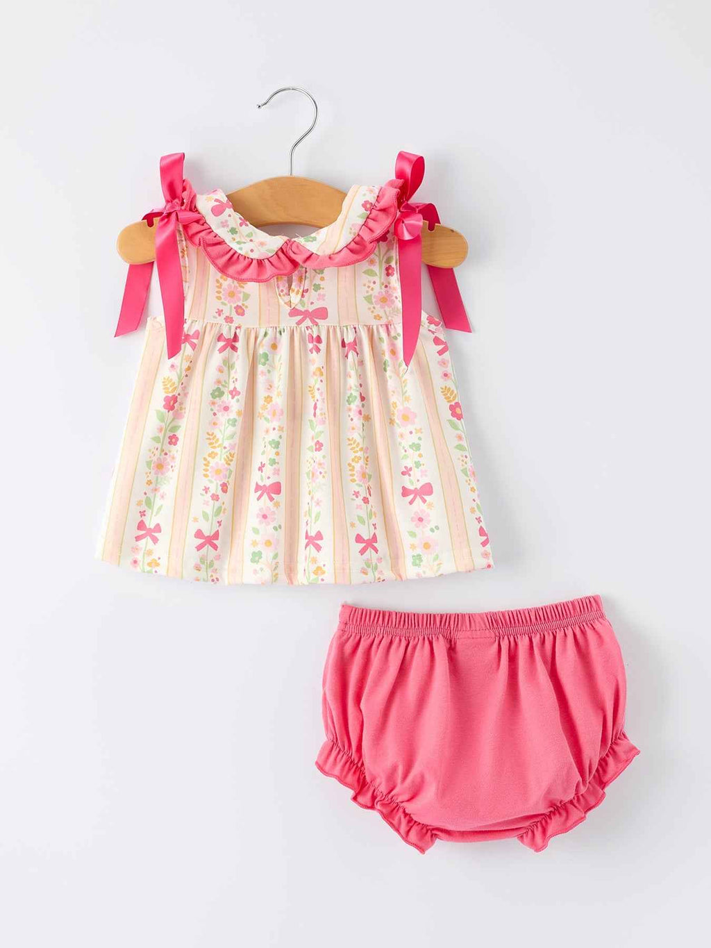 Spring Floral Bow Ruffle Girl Bloomer Set