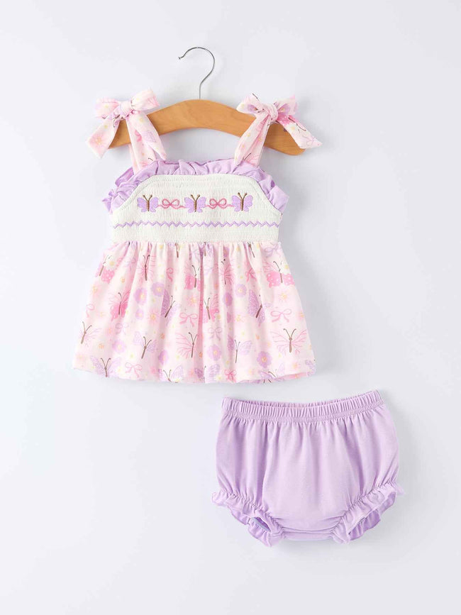 Butterfly Embroidery Smocking Bow Baby Girls Bloomers Set