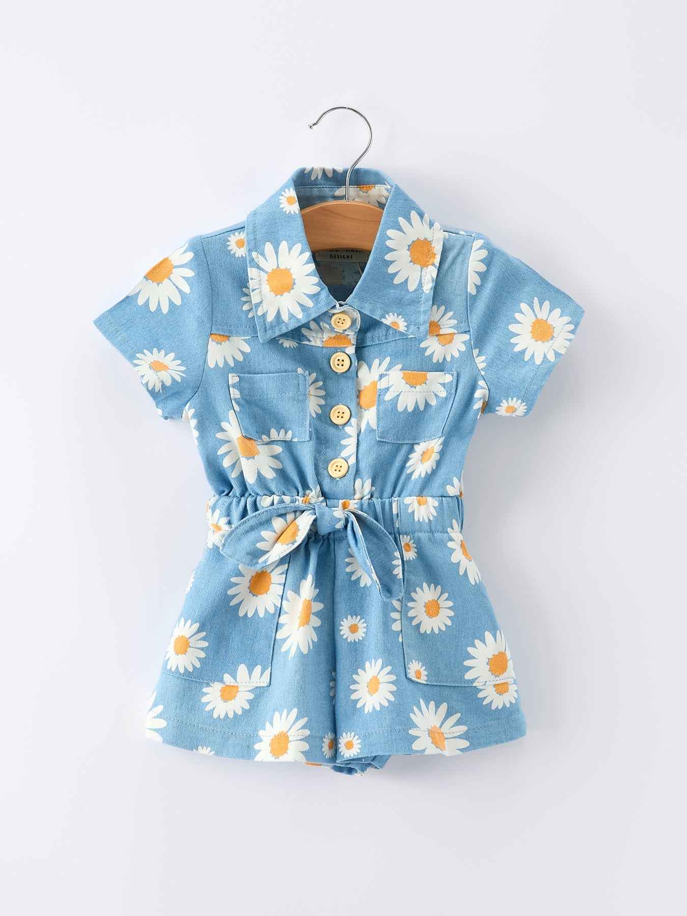 Spring Daisy Print Girls Blue Denim Jumpsuit