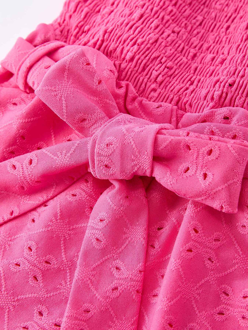 Spring Hot Pink Short-sleeved Girls Jumpsuit