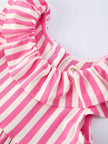 Spring  Pink Striped Ruffled Girls' Dress with Hat