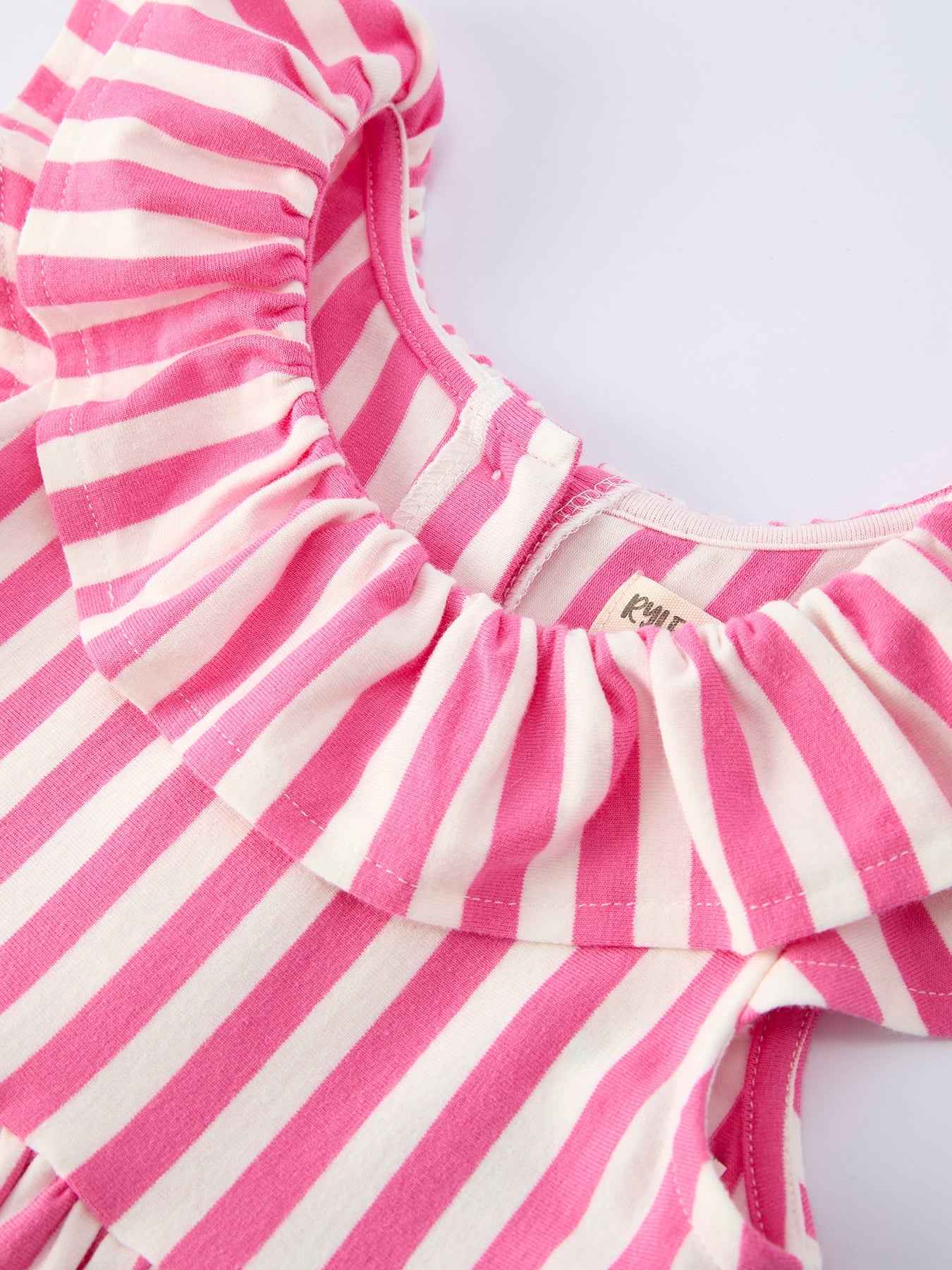 Spring  Pink Striped Ruffled Girls' Dress with Hat