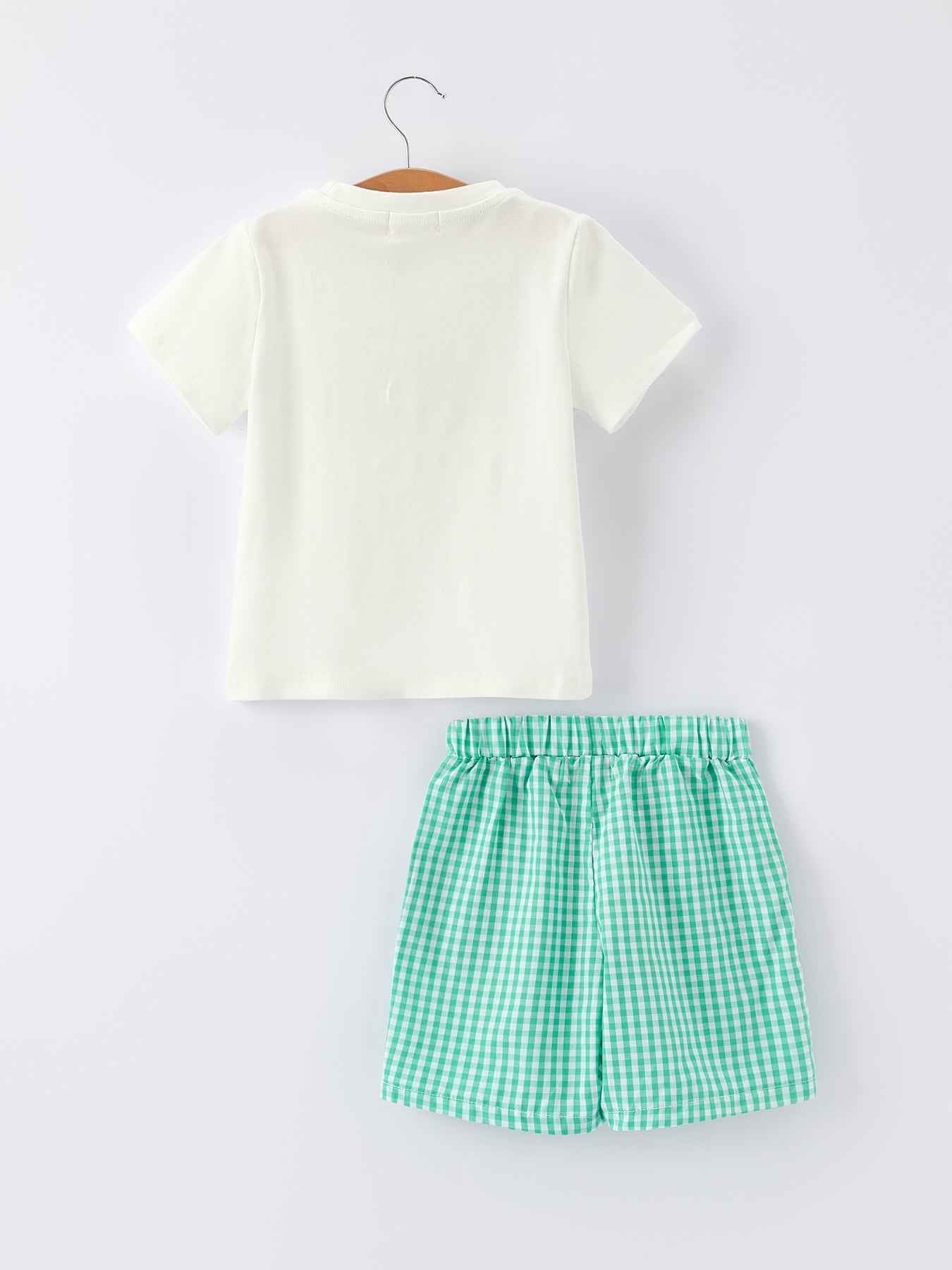 Pickle Ball Spring Gingham Embroidered Smocked Green Boys Shorts Set