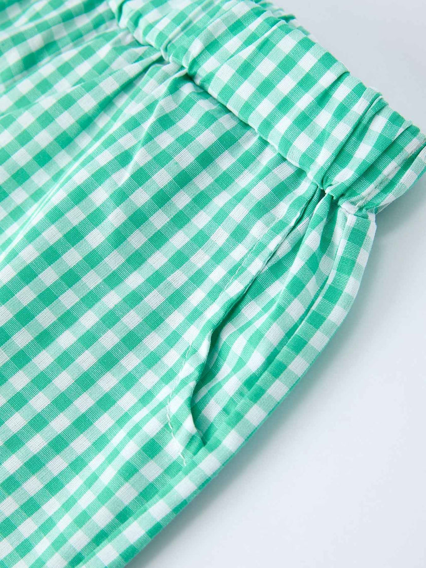 Pickle Ball Spring Gingham Embroidered Smocked Green Boys Shorts Set