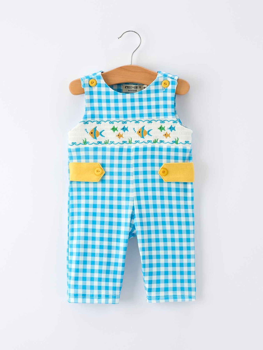 Fish Embroidery Smocking Plaid Baby Boy Romper