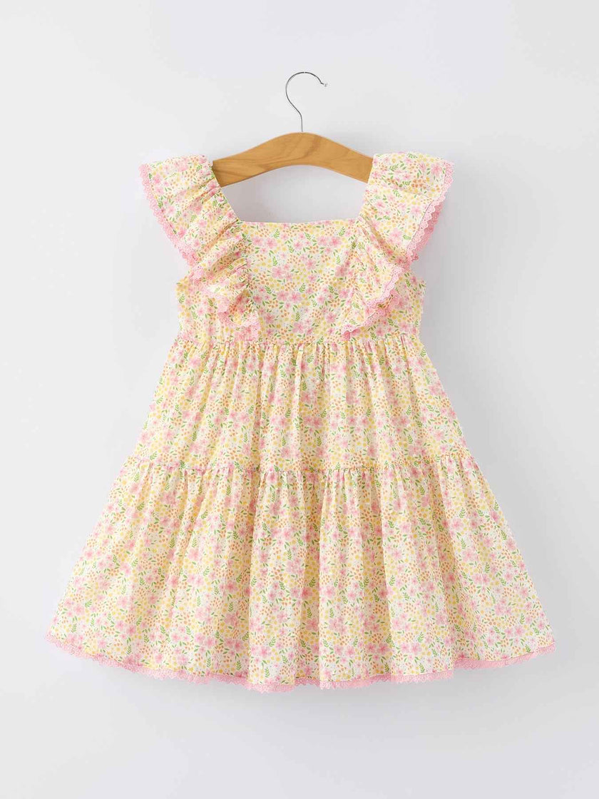 Spring Floral Girls Ruffle Dress With Bow Straw Hat Set