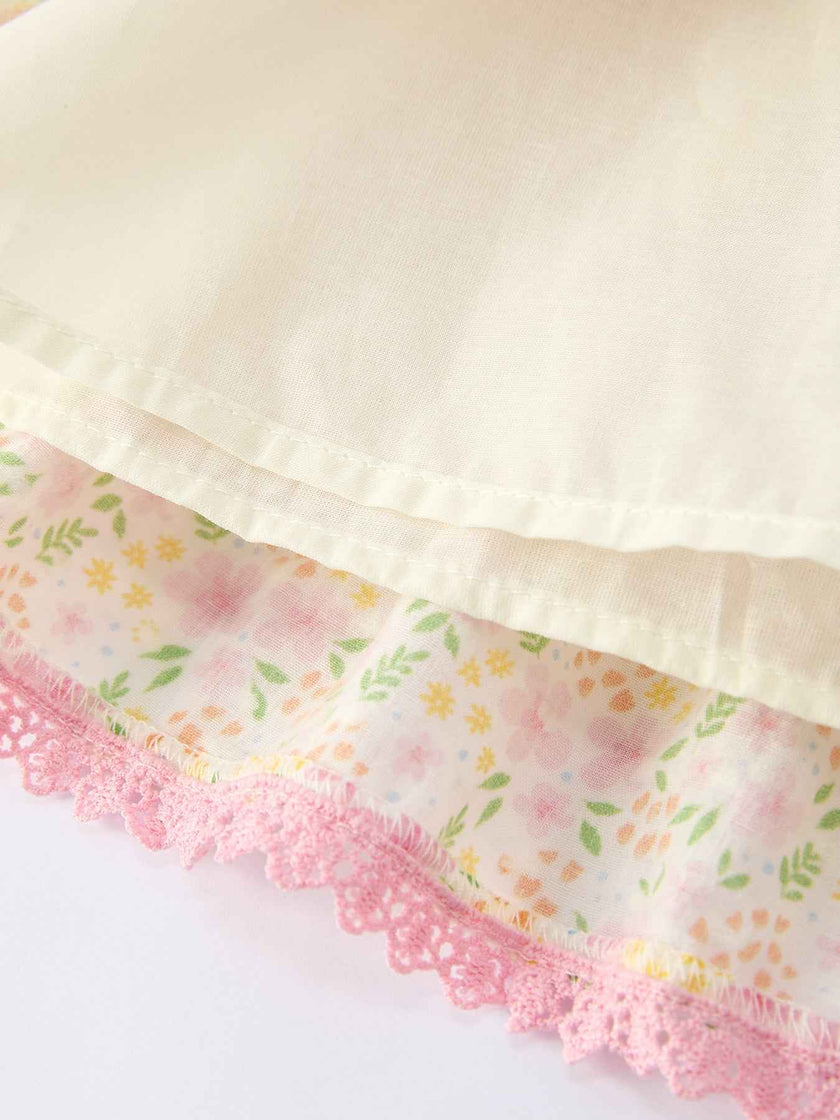 Spring Floral Girls Ruffle Dress With Bow Straw Hat Set