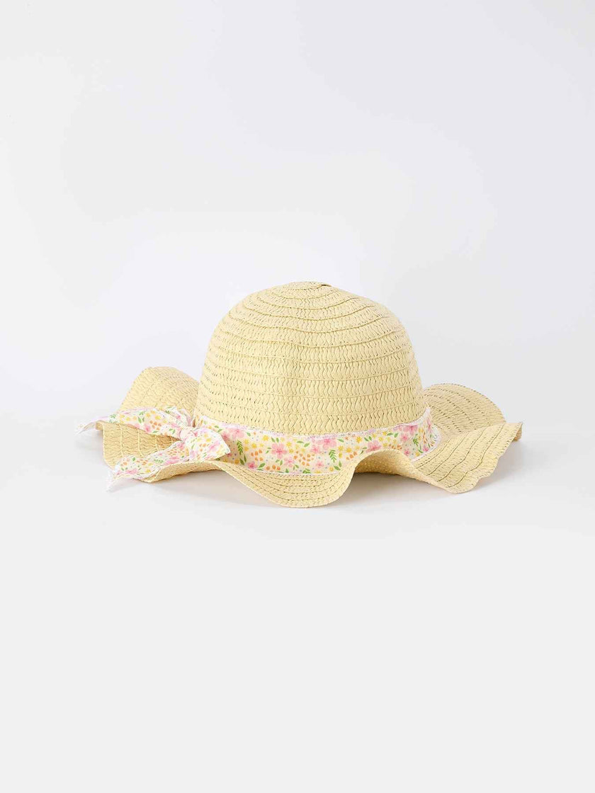 Spring Floral Girls Ruffle Dress With Bow Straw Hat Set