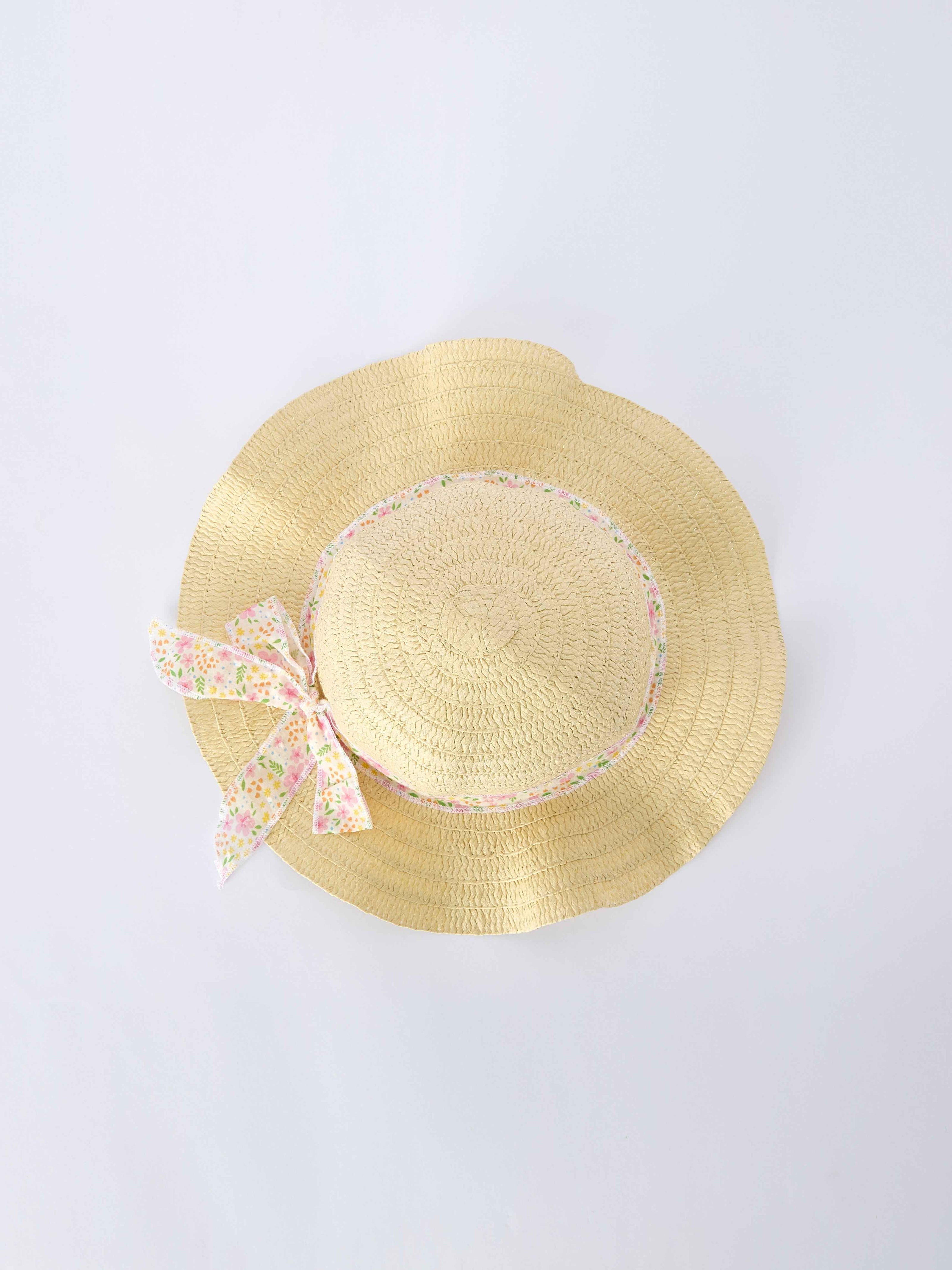 Spring Floral Girls Ruffle Dress With Bow Straw Hat Set