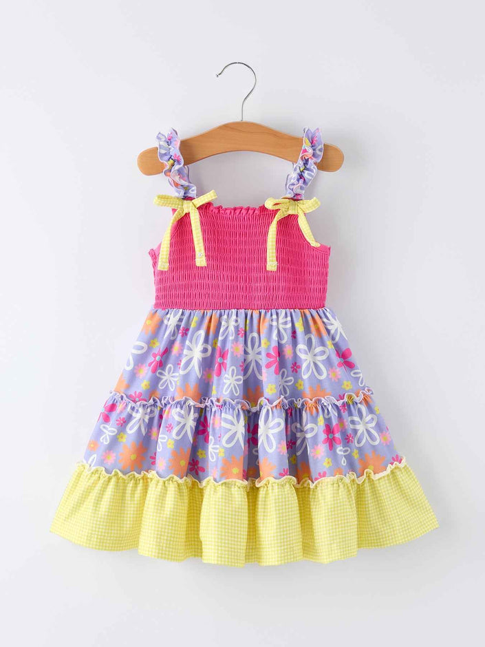 Summer Floral Girls Bow Ruffle Smocked Dress