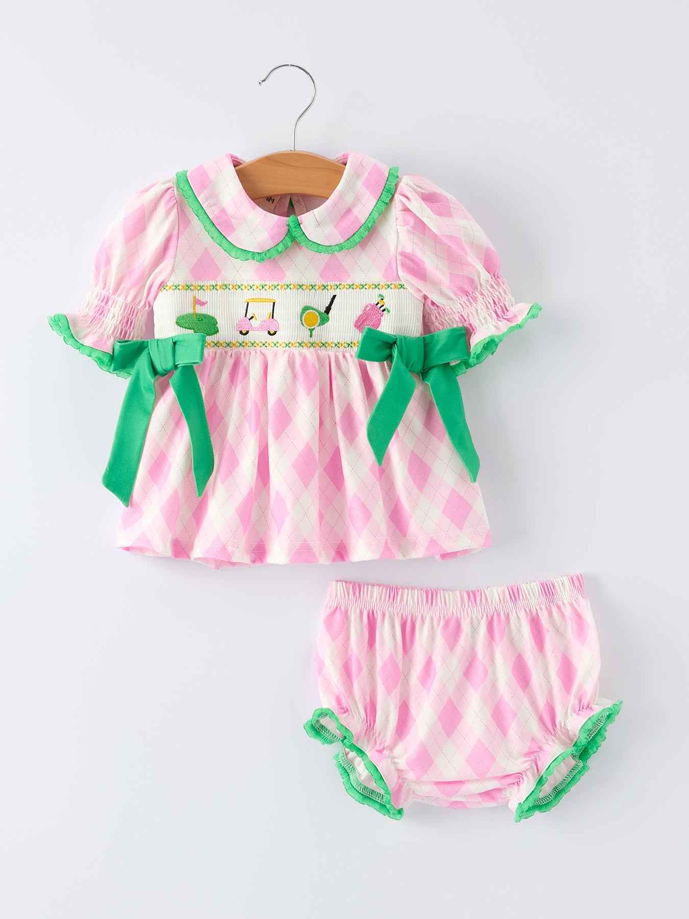 Spring Golf Embroidered Baby Girls Smocked Bow Bloomer Set