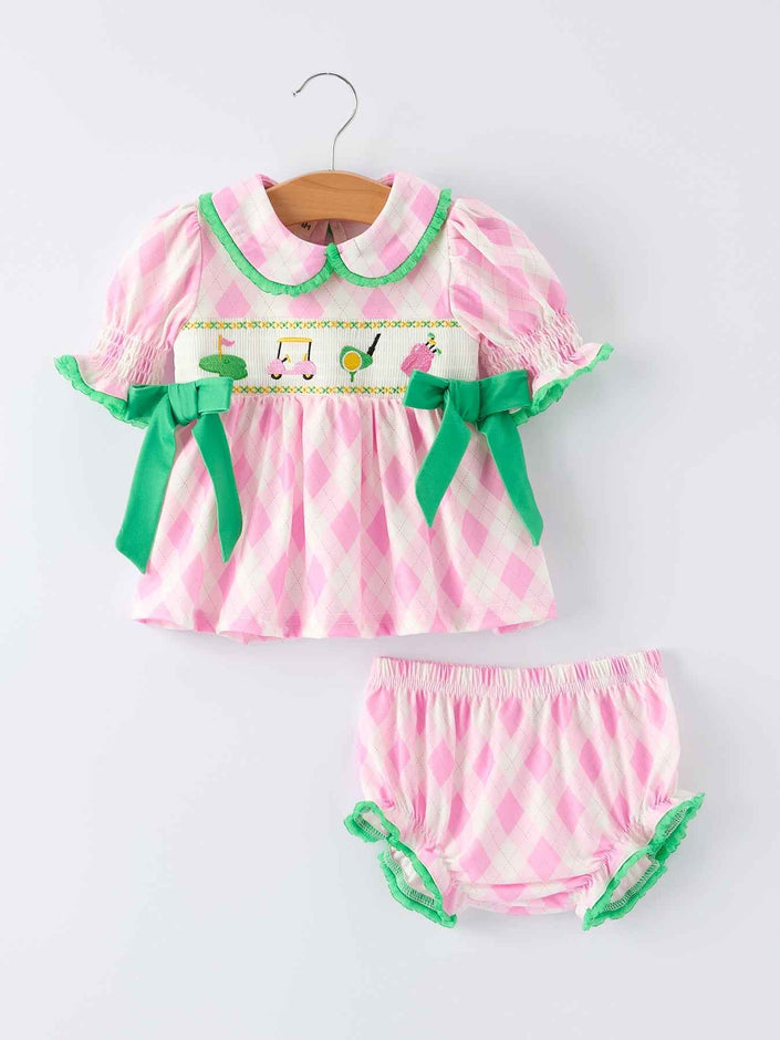 Spring Golf Embroidered Baby Girls Smocked Bow Bloomer Set
