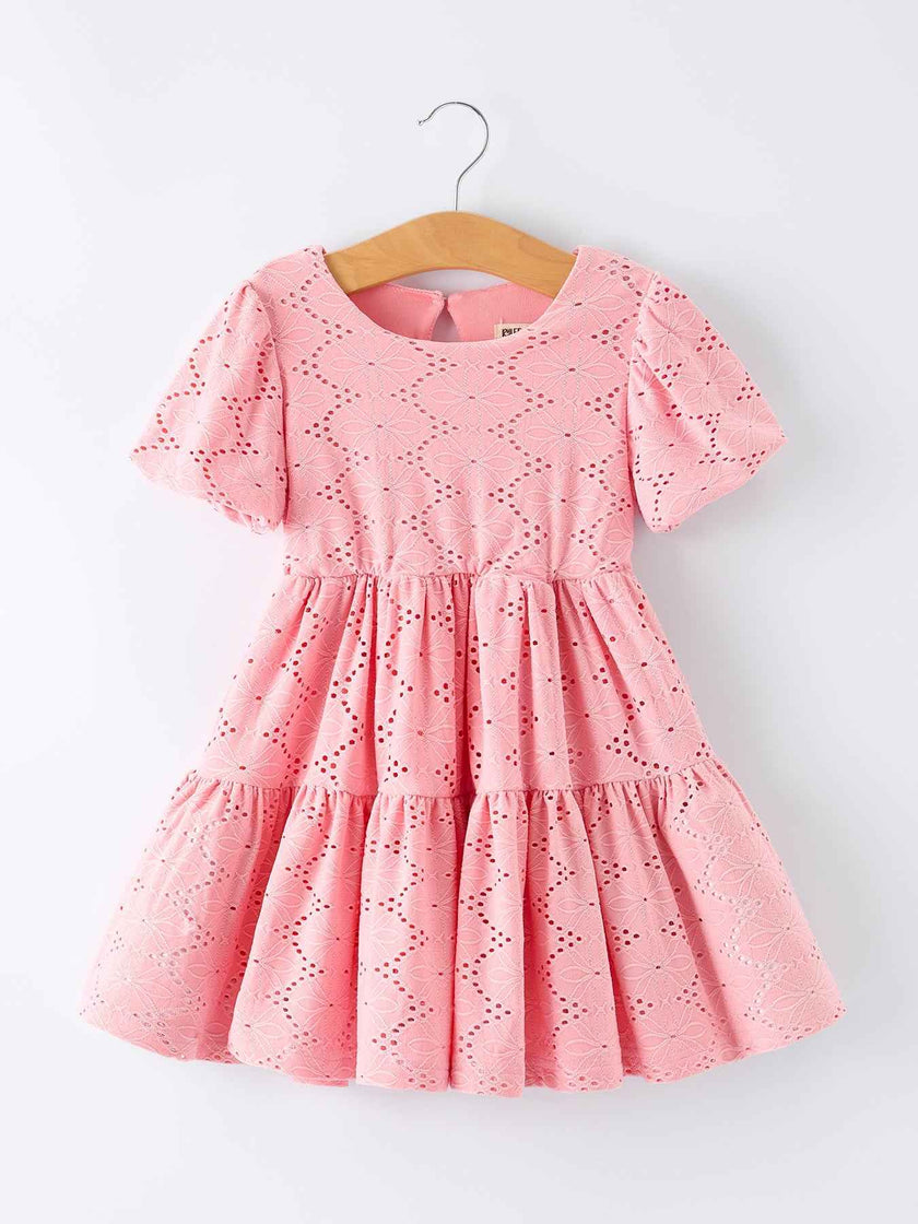 Pink Eyelet Embroidered Girl Short Sleeve Dress