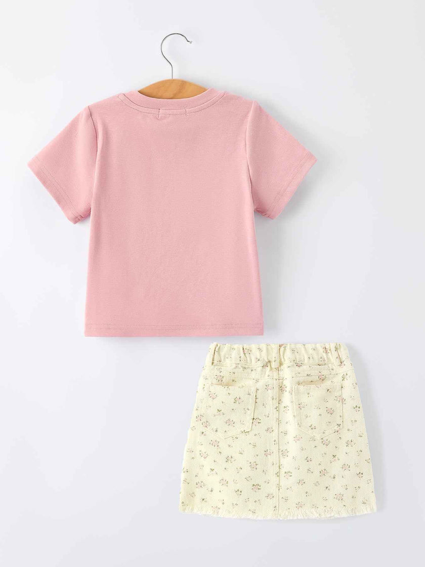 Flower Letter Girl Short Sleeve Top Denim Skirt Set