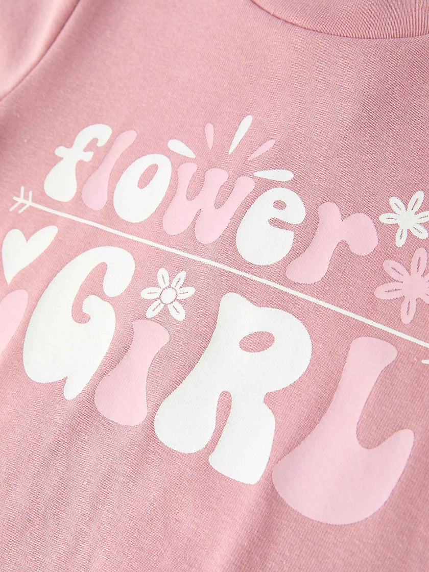 Flower Letter Girl Short Sleeve Top Denim Skirt Set