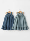 Girls Denim Ruffle Trim A-Line Dress