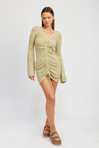 RUCHED CROCHET MINI DRESS - Pikemla