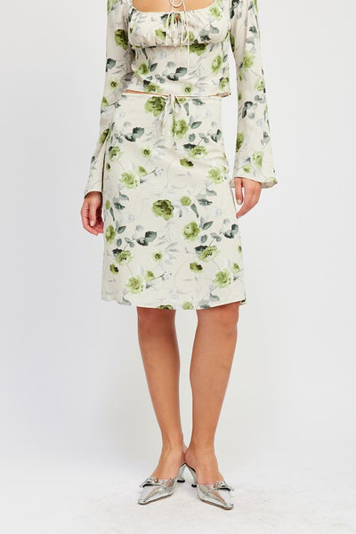 FLORAL MIDI SKIRT WITH FRONT DRAWSTRING - Pikemla