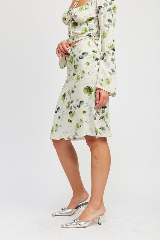 FLORAL MIDI SKIRT WITH FRONT DRAWSTRING - Pikemla