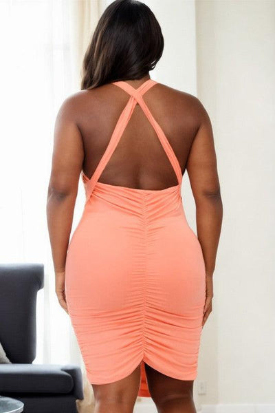 Plunging Neck Ruched Bodycon Mini Dress -Plus Sized - Pikemla