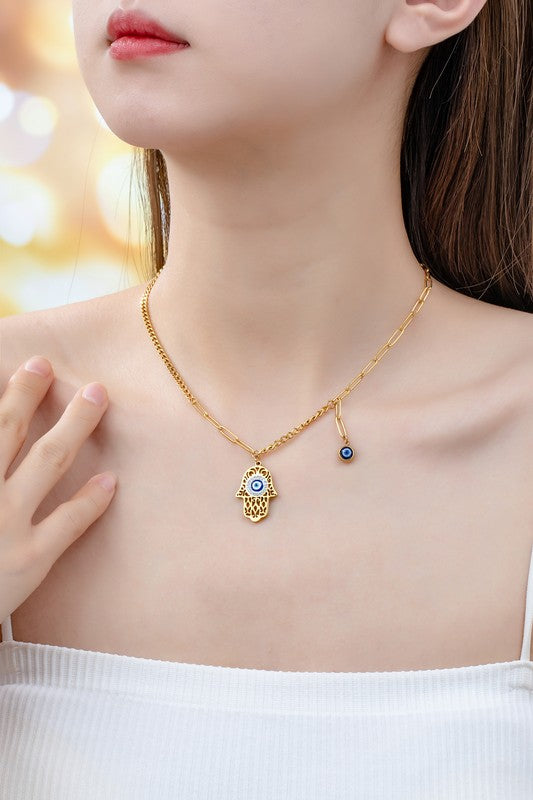 water proof hamsa evil eye pendant necklace - Pikemla