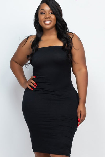 Solid Strapless Tube Bodycon Midi Dress -Plus Sized - Pikemla