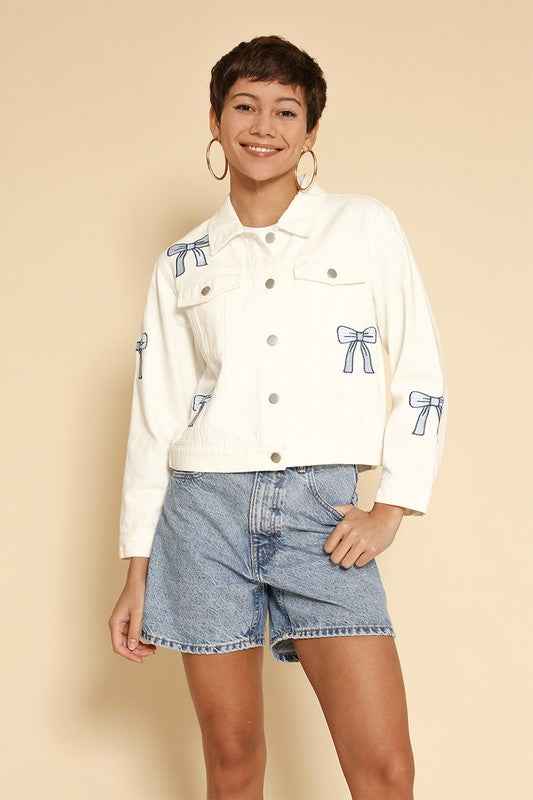 Embroidered bow denim jacket - Pikemla