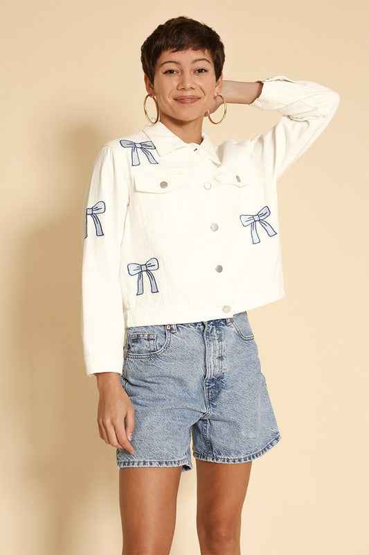 Embroidered bow denim jacket - Pikemla