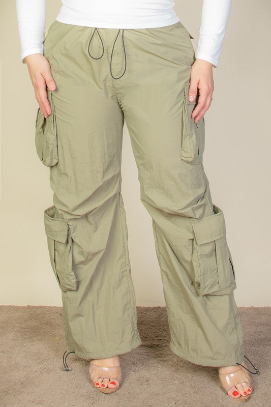 Flap Pockets Drawstring Parachute Pants -Plus Sized