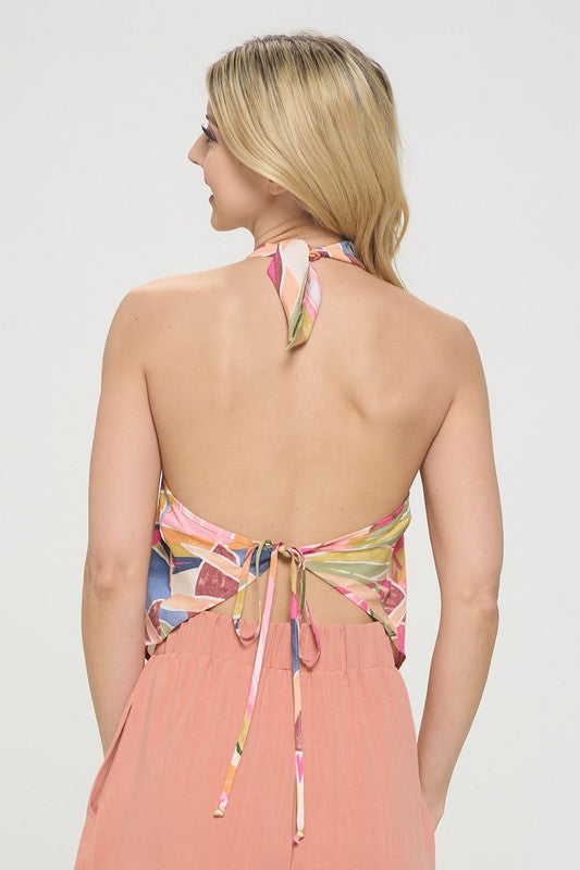 Tropical Leaf Backless Halter Top - Pikemla