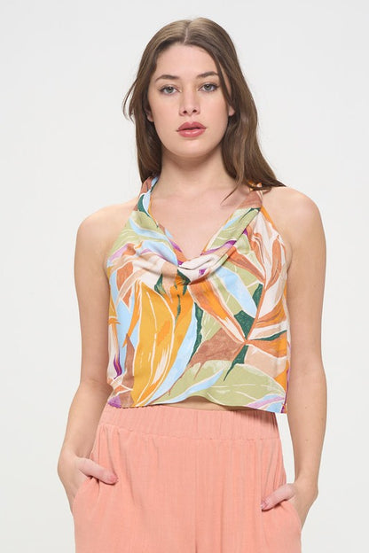 Tropical Leaf Halter neck Backless Top - Pikemla