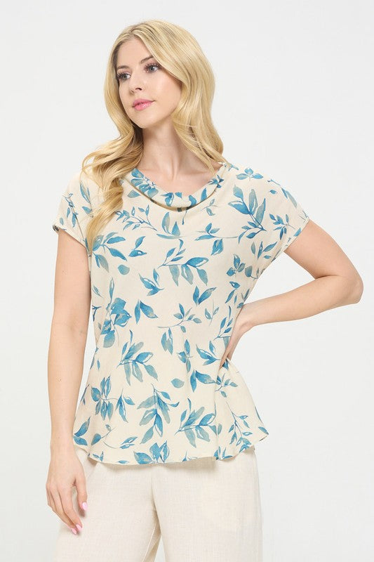 Print Linen Top with Cowl Neck - Pikemla