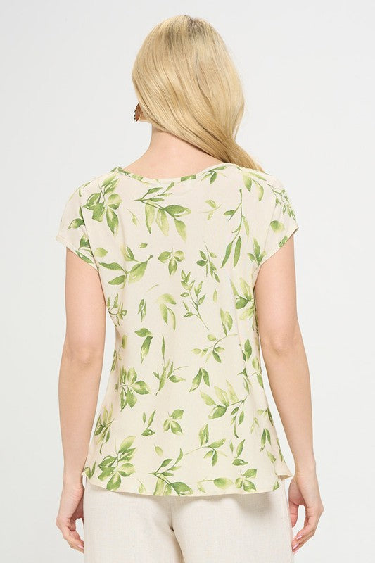 Print Linen Top with Cowl Neck - Pikemla