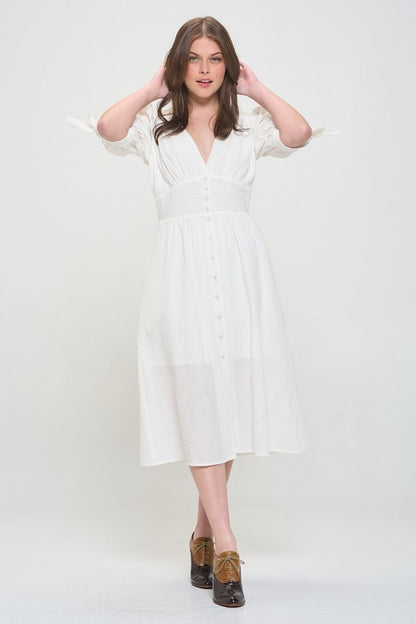 PLUS 3/4 PUFF SLV TEXTURED BUTTON DOWN MIDI DRESS - Pikemla